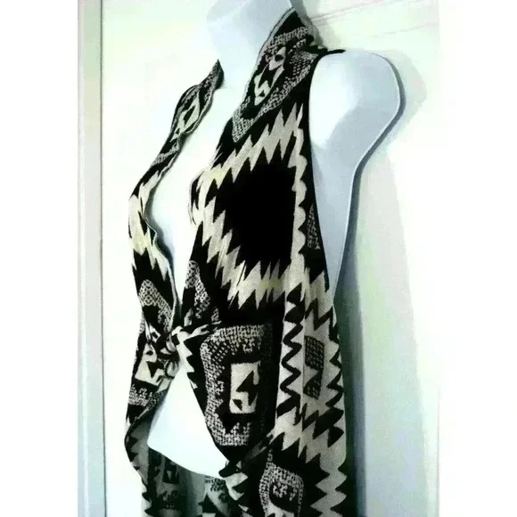 Timing duster open cardigan vest Small / Medium tribal festival black beige - Picture 5 of 9